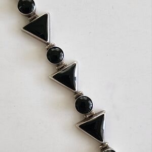 Mexico 925 Sterling Silver Black Triangle Onyx Link VTG Bracelet w/Toggle  7.5"